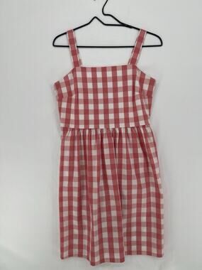 J. CREW Women’s Gingham Apron Dress Pink White Lightweight Smocked Size Small